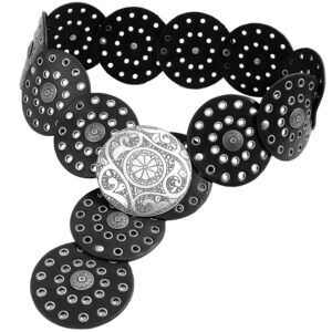 7323 Hollow Wide Disc Belt For Women Out Round Leather Metal Buckle